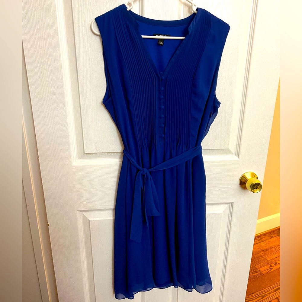 Blue Pleated Front Dress with Buttons Down Front and Tied Waist